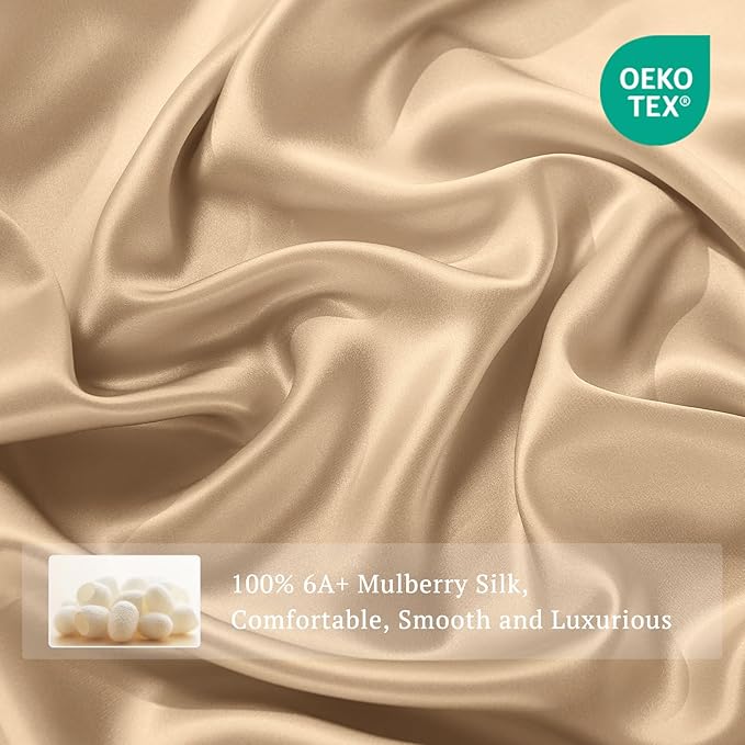 THXSILK 6A+ Top Grade 100% Pure Mulberry Silk Full Fitted Sheet 3Pcs Set Bed Sheets Luxury Bedding for Hair and Skin Health Breathable Cooling, 1 Fitted Sheet with 2 Pillowcases, Taupe