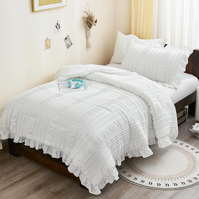 WONGS BEDDING White Comforter Set Twin, 3 Pieces Ruffle Shabby Chic Comforter for Dorm Room Essentials for Twin Bed, Soft Seersucker Bedding Set with 1 Ruffle Comforter, 2 Tufted Pillowcases 86"×68"