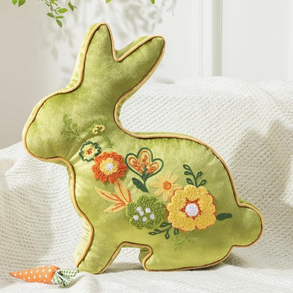 Phantoscope Happy Easter Bunny Shaped Throw Pillow, Embroidered Floral Patterns Cushion Soft Velvet Easter Rabbit Decorative Pillow for Couch Living Room Bed, Green,18.5 x 13 inches