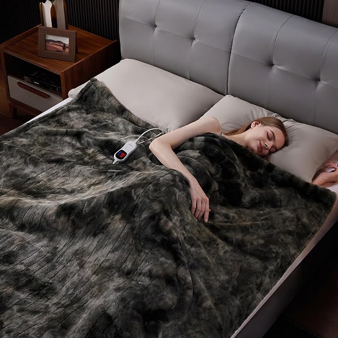 Guohaoi Heated Blanket Electric Throw, Soft Faux Rabbit Fur Electric Blanket with 10 Heating Levels 5 Sitting Timer Auto Off, Cozy Warm Heating Blankets, Machine Washable(72"×84" Dark Grey)