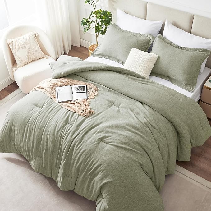 CozyLux King Size Comforter Set - 3 Pieces Olive Green Soft Luxury Cationic Dyeing Bedding Comforter for All Season, Breathable Lightweight Fluffy Boho Bed Sets with 1 Comforter and 2 Pillow Shams