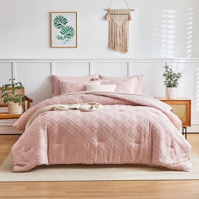 7 Pieces Tufted Bed in a Bag King Comforter Set with Sheets Blush Pink, Soft and Embroidery Shabby Chic Boho Bohemian, Luxury Solid with Diamond Pattern, Jacquard Tufts Bedding Set for All Season