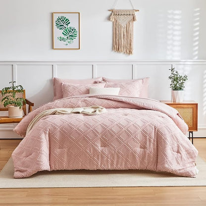7 Pieces Tufted Bed in a Bag King Comforter Set with Sheets Blush Pink, Soft and Embroidery Shabby Chic Boho Bohemian, Luxury Solid with Diamond Pattern, Jacquard Tufts Bedding Set for All Season