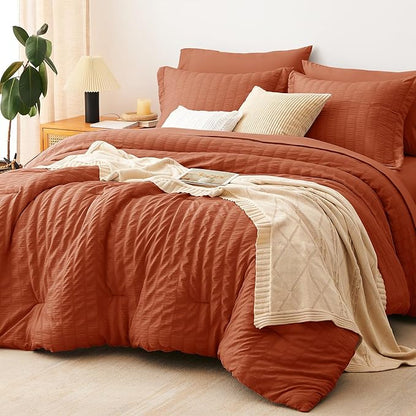 CozyLux Full Size Comforter Sets with Sheets Seersucker 7 Pieces Burnt Orange Bed in a Bag Luxury Terracotta Bedding Set with Down Alternative Comforter, Sheets, Pillowcases & Shams for All Seasons