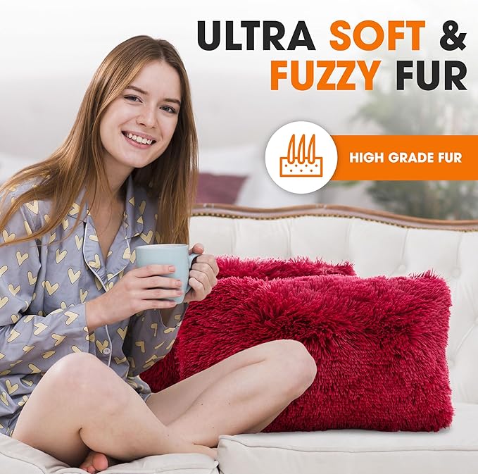 Cheer Collection Throw Pillows for Couch and Bed, Soft Shaggy Throw Pillows with Inserts Included, Cozy Long Hair Faux Fur Pillows - Set of 2-12" x 20" - Maroon