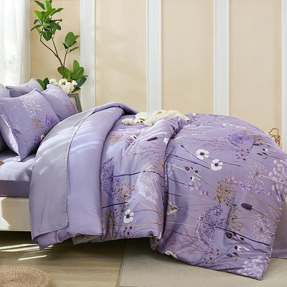 Yiran 7 Piece Comforter Set King Size, Purple Dandelion Floral Bedding Set, Botanical Bed in a Bag King, Soft Microfiber Complete Bedding Set with Comforter, Sheets, Pillowcases & Shams