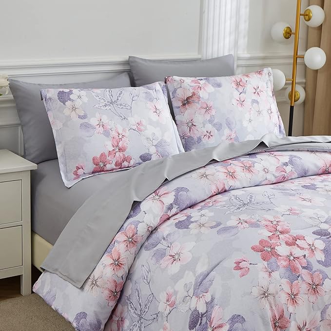 7 Piece Bed in a Bag Floral Comforter Set, Botanical Flowers Comforter and Sheet Set, Soft Microfiber Lightweight Bedding Comforter Set for All Season(Pink Floral, King)