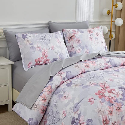 7 Piece Bed in a Bag Floral Comforter Set, Botanical Flowers Comforter and Sheet Set, Soft Microfiber Lightweight Bedding Comforter Set for All Season(Pink Floral, King)