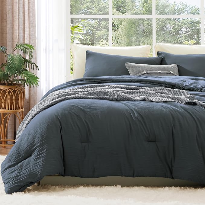 WRENSONGE Full Size Comforter Sets - 3 Pieces Blue Grey Comforter Prewashed Soft Lightweight for All Seasons, Fluffy Down Alternative Comforter Full Size with 2 Pillow Shams