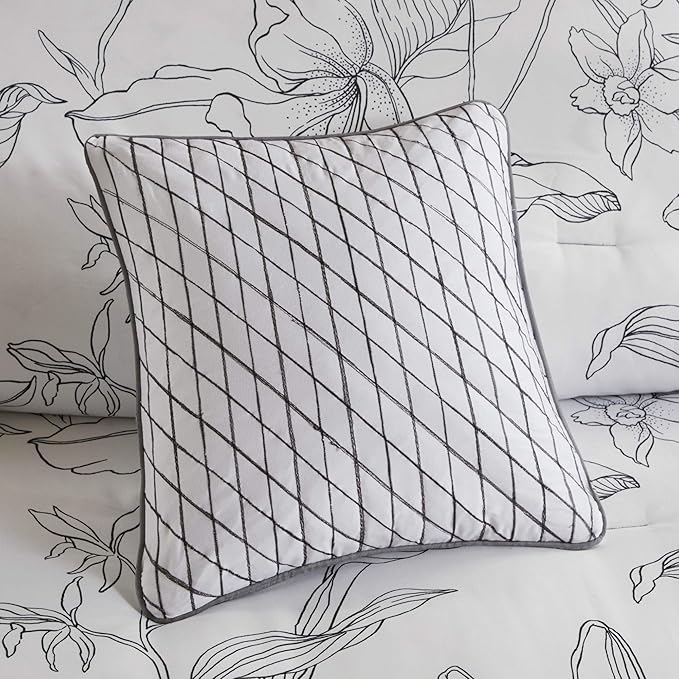 Madison Park Essentials Cozy Bed In A Bag Comforter with Complete Cotton Sheet Set - Trendy Floral Design All Season Cover, Decorative Pillow, Full(78"x86"), White/Charcoal 9 Piece