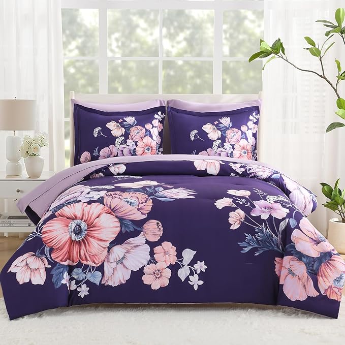 Queen Comforter Set - 7 Pieces Bed in a Bag Dark Purple Floral Queen Comforter Set with Sheets, Soft Microfiber Flower Complete Bedding Set for All Seasons（Dark Purple,90"x90"）