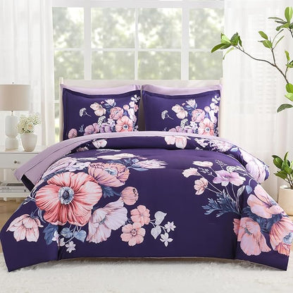 Queen Comforter Set - 7 Pieces Bed in a Bag Dark Purple Floral Queen Comforter Set with Sheets, Soft Microfiber Flower Complete Bedding Set for All Seasons（Dark Purple,90"x90"）
