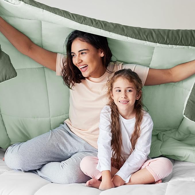 Exclusivo Mezcla Lightweight Reversible Twin Size Comforter Set, Down Alternative Comforter with 1 Pillow Sham, Twin Size Bedding Set for All Seasons, Emerald/Mint