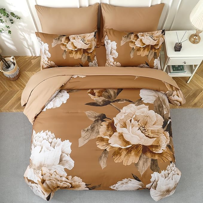 Dobuyly Brown King Size Comforter Set 7 Piece Bed in a Bag, Floral Printed on Brown Comforter Set with Sheets, Soft Microfiber Botanical Fall Complete Bedding Set for All Season