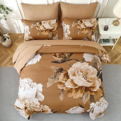Dobuyly Brown King Size Comforter Set 7 Piece Bed in a Bag, Floral Printed on Brown Comforter Set with Sheets, Soft Microfiber Botanical Fall Complete Bedding Set for All Season