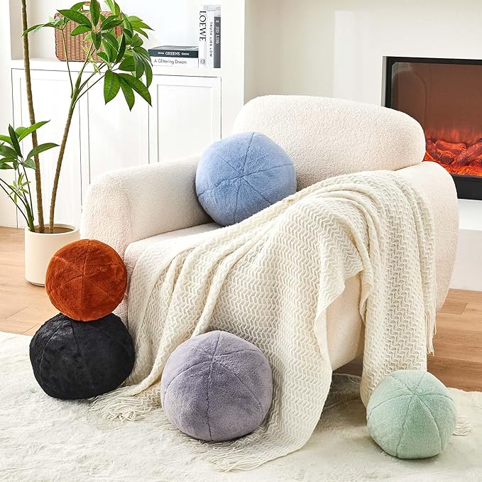 Uvvyui Dusty Blue Ball Pillow, 8" Cute Mini Round Throw Pillow Faux Rabbit Fur Room Decorative Throw Pillow, Ball Shaped Pillow Plush Cushion for Couch, Sofa, Bedroom