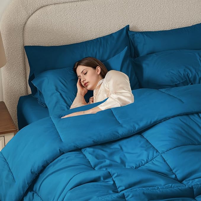 Anluoer King Comforter Set 7 Piece, Teal Bed in a Bag with Sheets, Comforters King Size Bedding Sets with 1 Comforter, 2 Pillow Shams, 2 Pillowcases, 1 Flat Sheet,1 Fitted Sheet