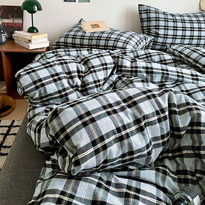 HighBuy Grey Gingham Grid Comforter Set Twin XL Size, Modern Chic Plaid Comforter Set 3 Pieces Fluffy Soft Boho Checkered Pattern Printed Comforter with 2 Pillowcases for Boy Men