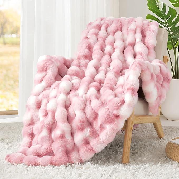 Luxury 1000GSM Faux Rabbit Fur Throw Blanket for Woman, Super Heavy Warm Cozy Blankets for Her for Couch Bed Sofa, Bubble Plush Fuzzy Elegant Soft Reversible Mink Blanket for Living Room Bedroom, Pink
