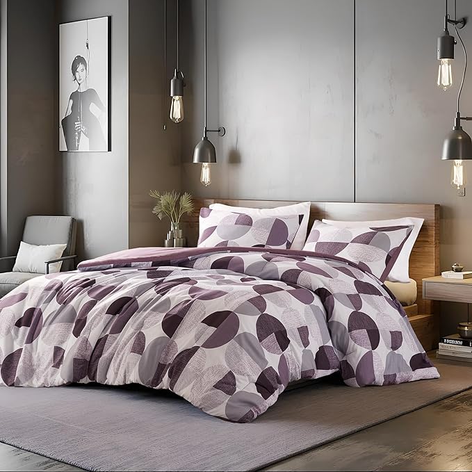 Stylish Three-Tone Printed King Size Comforter Set, 3 Pieces Ultra-Soft Microfiber Bedding Set, Warm and Cozy Comforter for All Seasons, Plum Purple & Grey