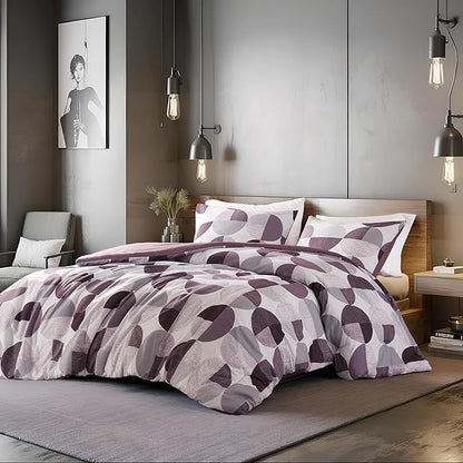 Stylish Three-Tone Printed Queen Size Comforter Set, 3 Pieces Ultra-Soft Microfiber Bedding Set, Warm and Cozy Comforter for All Seasons, Plum Purple & Grey