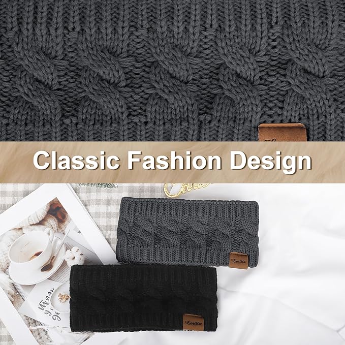 Loritta 2 Pack Headbands for Women Winter Warm Cable Knit Ear Warmer Thick Head Wrap Fuzzy Fleece Lined Gifts