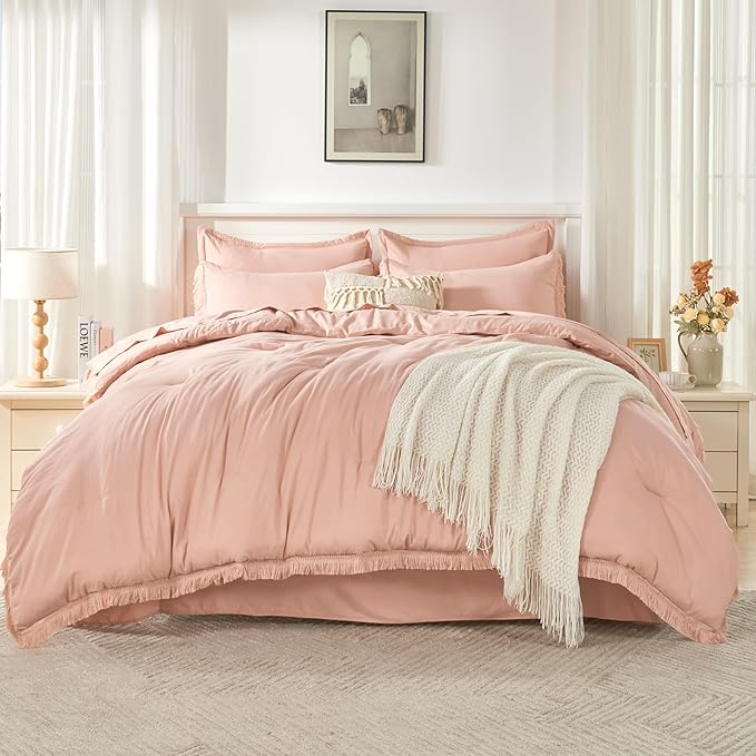 Andency Pink King Size Comforter Set with Sheets - 7 Pieces Boho Tassel Bed in a Bag Soft Lightweight Bedding Sets, Pink Fringe Bed Set with Comforter, Sheets, Pillowcases & Shams