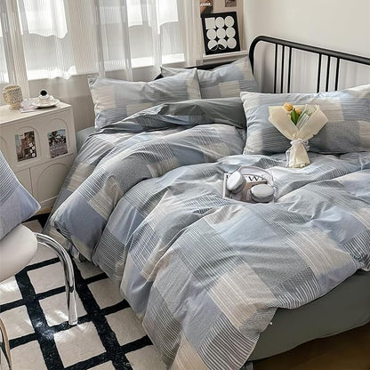 mixinni Queen Comforter Set Soft Aesthetic Blue Geometric Checkered Plaid Printed Bedding Comforter for Men Boys, 1 Soft Microfiber Reversible Comforter with 2 Pillowcases for All Seasons
