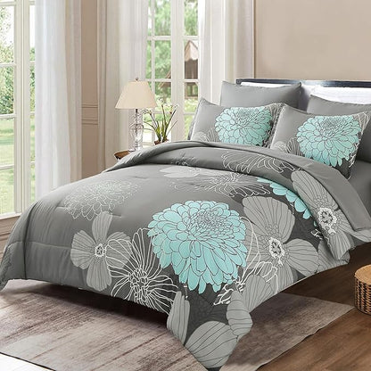 Yiran 7 Pieces Bed in a Bag Floral Comforter Set Green Flowers Bedding Set Soft Microfiber King Boho Comforter Sets with 1 Comforter 1 Flat Sheet 1 Fitted Sheet 2 Pillowshams and 2 Pillowcases