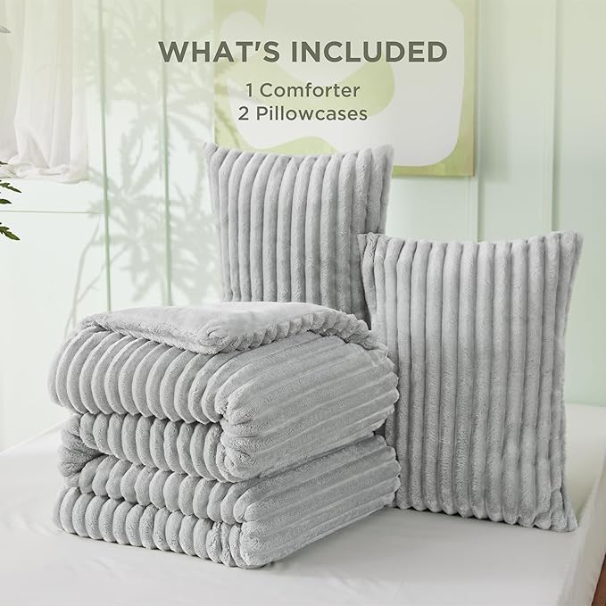 Bedsure Queen Comforter Set - GentleSoft™ 3 Pieces Fluffy Double-Side Fleece Comforter Set, Cozy Striped Room Decor Aesthetic, Luxury Light Grey Bedding Queen Size with 2 Pillowcases, 90x90 Inches