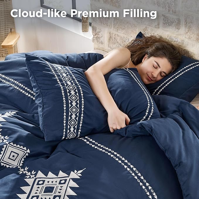 Boho Embroidered Bed Comforter Queen Set, 3-Piece Western Shabby Chic Bedding Set - Fluffy Ultra Soft Microfiber with Intricate Design, Includes Comforter & 2 Pillowcases, Navy(88"x88")