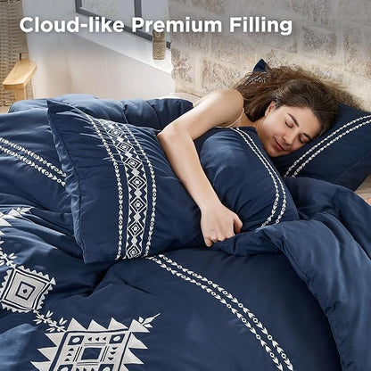 Boho Embroidered Bed Comforter Queen Set, 3-Piece Western Shabby Chic Bedding Set - Fluffy Ultra Soft Microfiber with Intricate Design, Includes Comforter & 2 Pillowcases, Navy(88"x88")