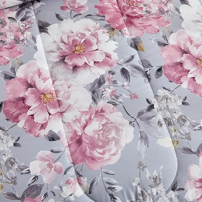 Joyreap 3pcs Floral Comforter Set Full/Queen, Tie-dye Pink Flowers on Gray Design, Microfiber Lightweight Bedding Comforter Set for All Season- 88x88 inches