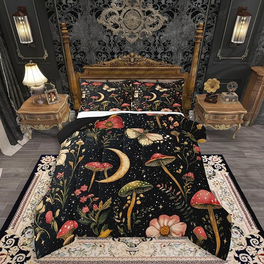 Erosebridal Gothic Mushroom Black Bedding Set for Boys, Vintage Mushroom Comforter Set Queen Boho Moth Spring Floral Comforter for Kids Teens Adults Bedroom, Moon and Starry Star Quilt Lightweight