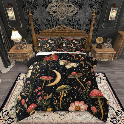 Erosebridal Gothic Mushroom Black Bedding Set for Boys, Vintage Mushroom Comforter Set Twin Boho Moth Spring Floral Comforter for Kids Teens Adults Bedroom, Moon and Starry Star Quilt Lightweight