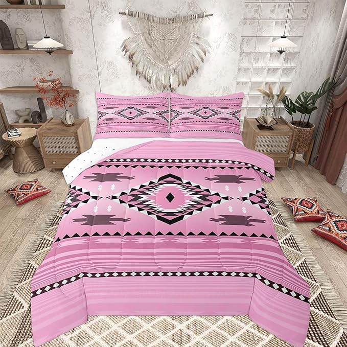 Feelyou Pink Boho Western Bedding Set Twin Size Kids Southwest Native Tribal Comforter for Boys Girls Teens Geometric Comforter Set Soft Microfiber West Room Decor