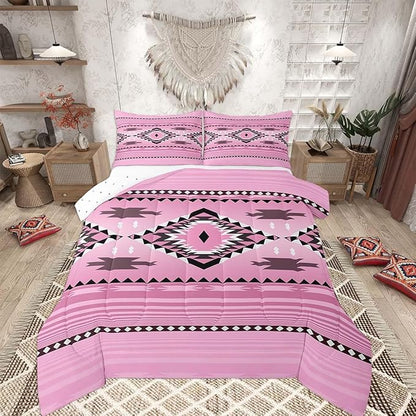 Feelyou Pink Boho Western Bedding Set Twin Size Kids Southwest Native Tribal Comforter for Boys Girls Teens Geometric Comforter Set Soft Microfiber West Room Decor