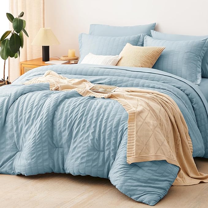 CozyLux Queen Comforter Set Light Blue Seersucker 7 Pieces Bed in a Bag Queen Comforter Set with Sheets Luxury Soft Bedding Set with Down Alternative Comforter, Sheets, Pillowcases & Shams All Seasons