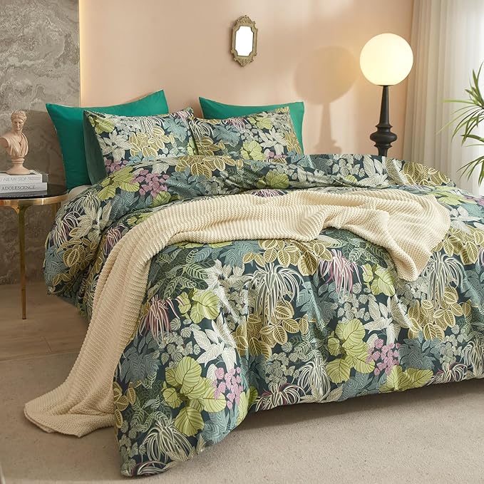 mixinni Full Size Comforter Sets Leaves, Soft Fluffy Botanical Floral Bedding Set for Women and Men, 1 Soft Microfiber Comforter and 2 Pillowcases for All Season-Full Size
