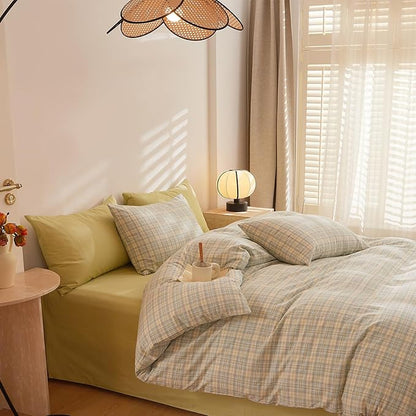 HighBuy Queen Comforter Set 3 Pieces Green Grid Plaid Comforter Set Checkered Comforter with 2 Pillowcases Modern Lightweight Boho Bedding Comforter Geometric Gingham Fluffy Comforter Set
