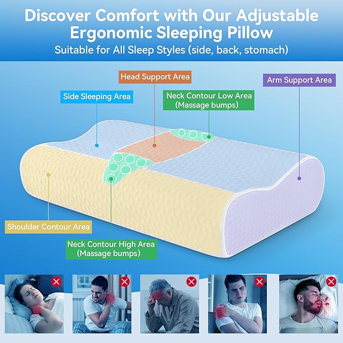 Cervical Neck Pillow King Size -Adjustable Sandwich Dynamic Memory Foam Pillows for Sleeping, Cooling Contour Pillow Ergonomic Orthopedic for Side, Back & Stomach Sleepers Soft, White