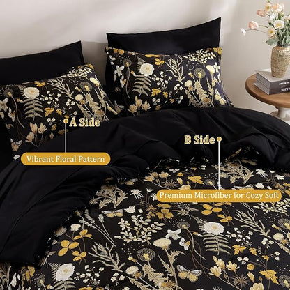 Yiran Queen Comforter Set, 7 Pieces Black Floral Soft Bedding Sets, Queen Bed in a Bag with Brown Botanical Flowers Winter Comforter, Sheets, Pillowcases & Shams