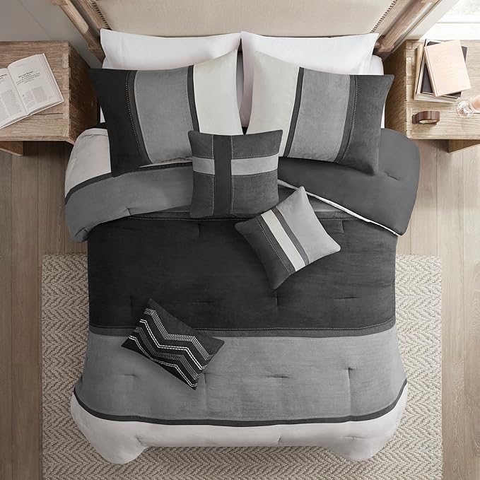 Madison Park Palisades Comforter Set Modern Faux Suede Pieced Stripe Design, All Season Down Alternative Cozy Bedding with Matching Shams, Decorative Pillows, Queen(90"x90"), Black 7 Piece