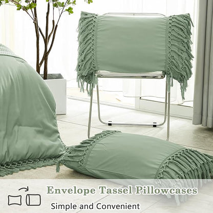 Andency Sage Green Comforter Set Queen Size, 3 Pieces Boho Tassel Lightweight Vintage Soft Bedding Comforter Sets, All Season Fluffy Fringe Bed Set (90x90In Comforter & 2 Pillowcases)