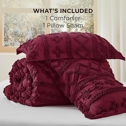 Bedsure Tufted Boho Comforter Set Twin Size - Burgundy Boho Bed Set, GentleSoft™ 2 Pieces Farmhouse Shabby Chic Embroidery Bedding, Gifts for Woman, Soft Jacquard Twin Comforter for All Seasons