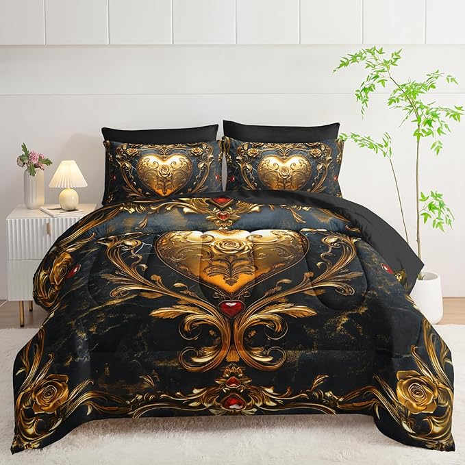 Black and Gold Heart Comforter Set Queen Size Bed 7 Piece，Heart Bedding Set Queen Black，Heart Themed Bedroom Decor，(1 Comforter, 1 Flat Sheet, 1 Fitted Sheet, 2 Pillowcase and 2 Pillow Sham)