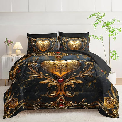 Black and Gold Heart Comforter Set Queen Size Bed 7 Piece，Heart Bedding Set Queen Black，Heart Themed Bedroom Decor，(1 Comforter, 1 Flat Sheet, 1 Fitted Sheet, 2 Pillowcase and 2 Pillow Sham)