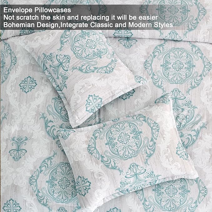 WONGS BEDDING Aqua Comforter Set King Size, Damask Texture 7 Pieces Bed in a Bag Microfiber Bohemian Comforter Bedding Sheet Set with Comforter, Flat Sheet, Fitted Sheet, Pillow Shams, Pillowcases
