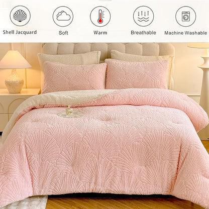 Seashell Jacquard Sherpa Comforter Set Warm Cozy Premium Bedding 3 Pieces, Full/Queen Size Geometric Pattern Quilt Comforter with 2 Pillowcases(90"X90" Light Pink)