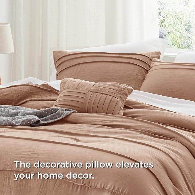 Bedsure Queen Comforter Set - 4 Pieces Pinch Pleat Bed Set, Taupe Boho Bedding for All Season, 1 Soft Comforter, 2 Pillowcases, 1 Decorative Pillow